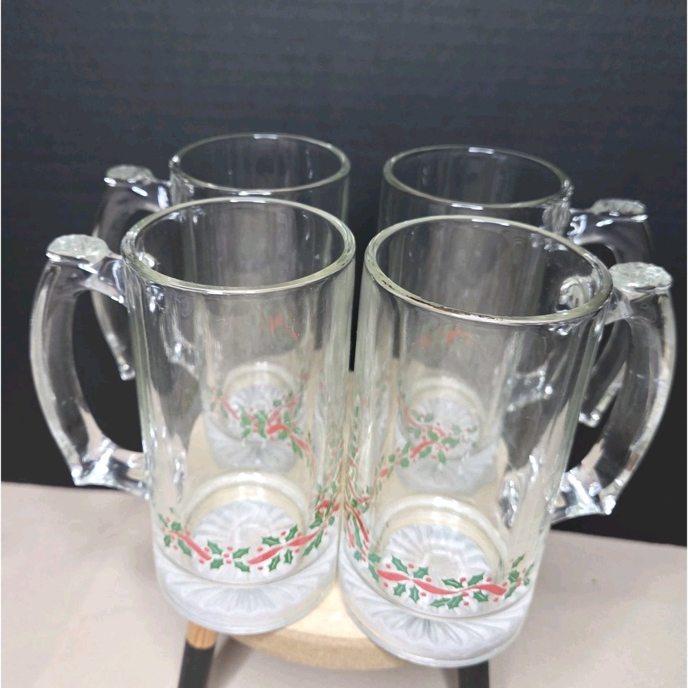 Vintage Libbey Holly Ribbon Christmas Holiday Heavyweight Tall‎ Mugs Set Of 4